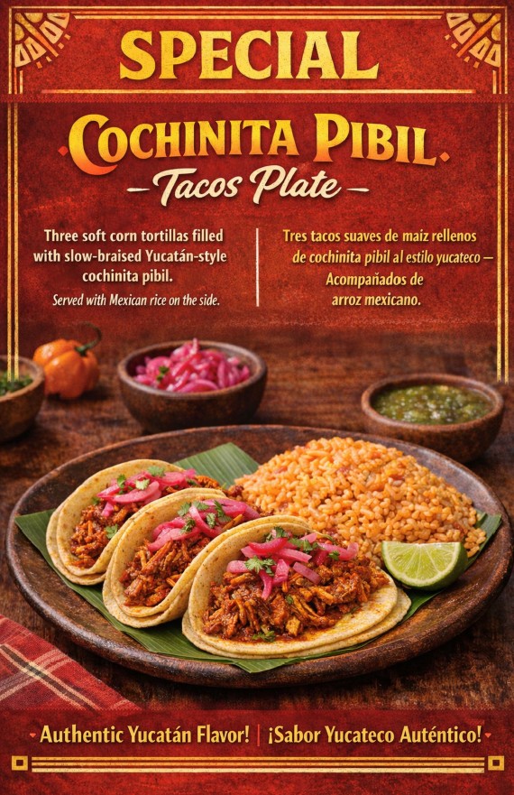 Especial — tacos de cochinita pibil estilo Yucatán con arroz